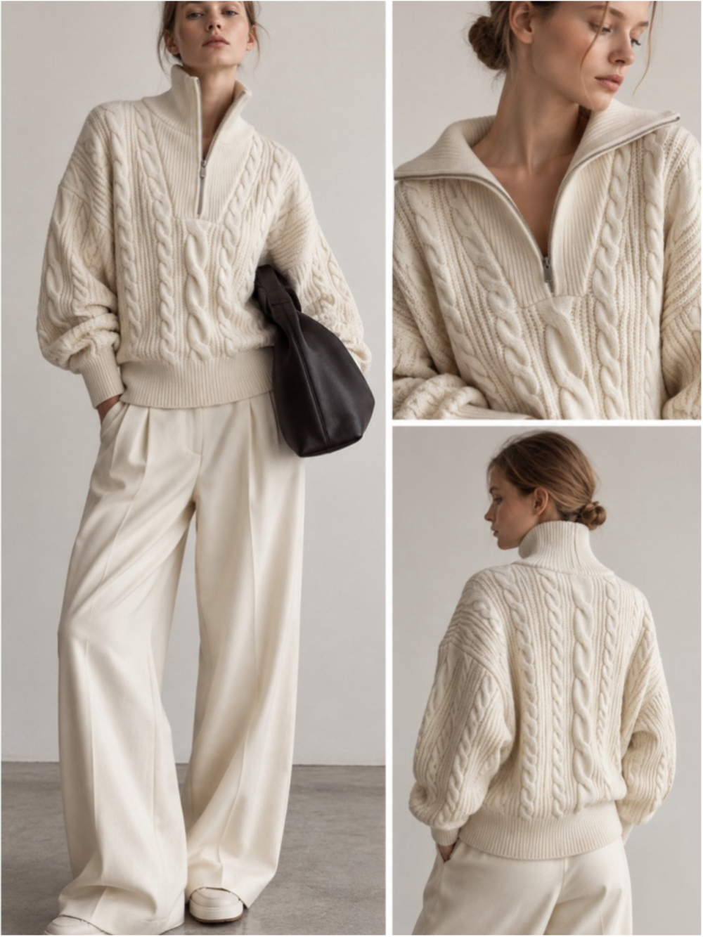 Marithé + François Girbaud Cable Knit Cashmere Wool Zip Sweater OS Chunky